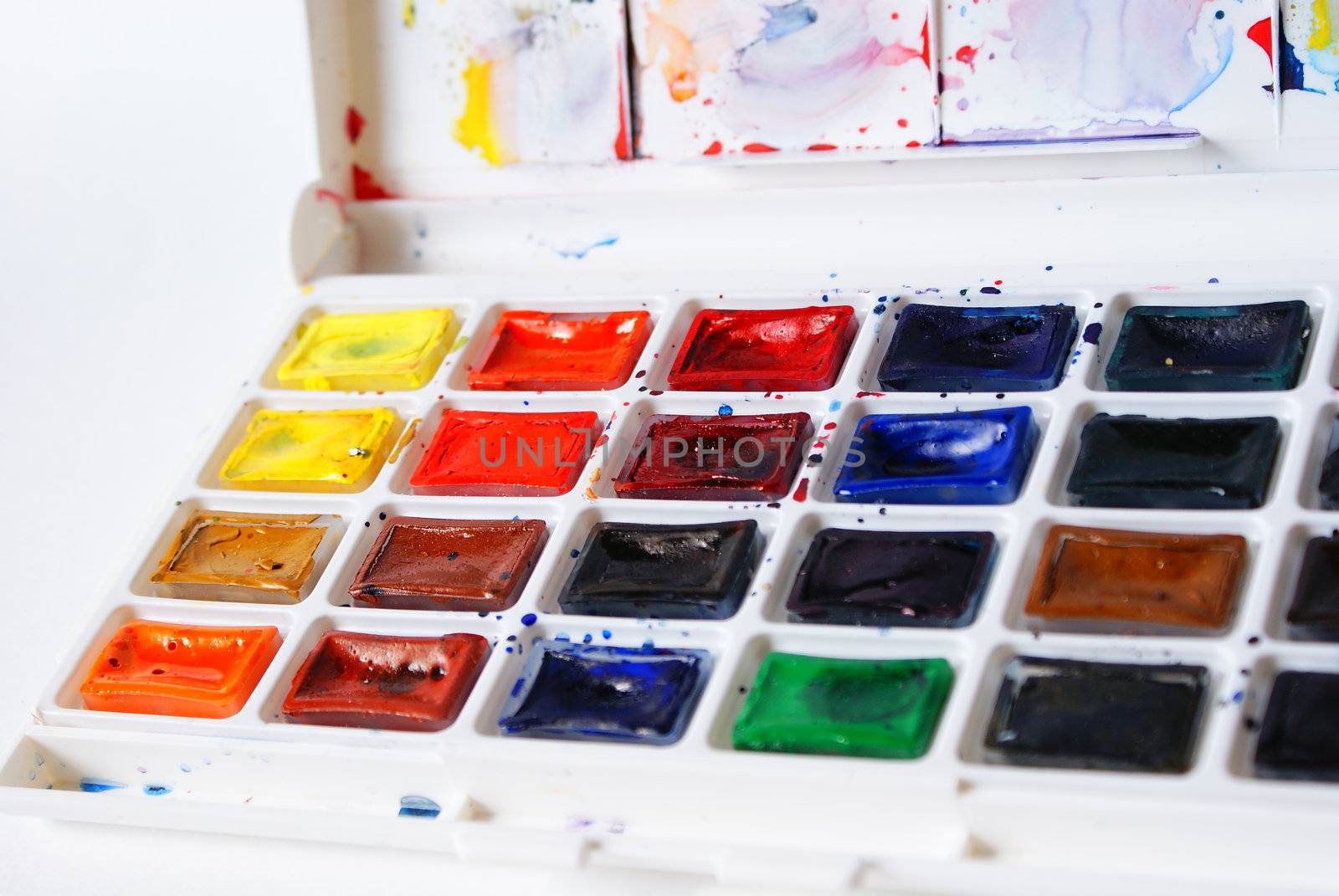 set of artistic watercolors and palette 