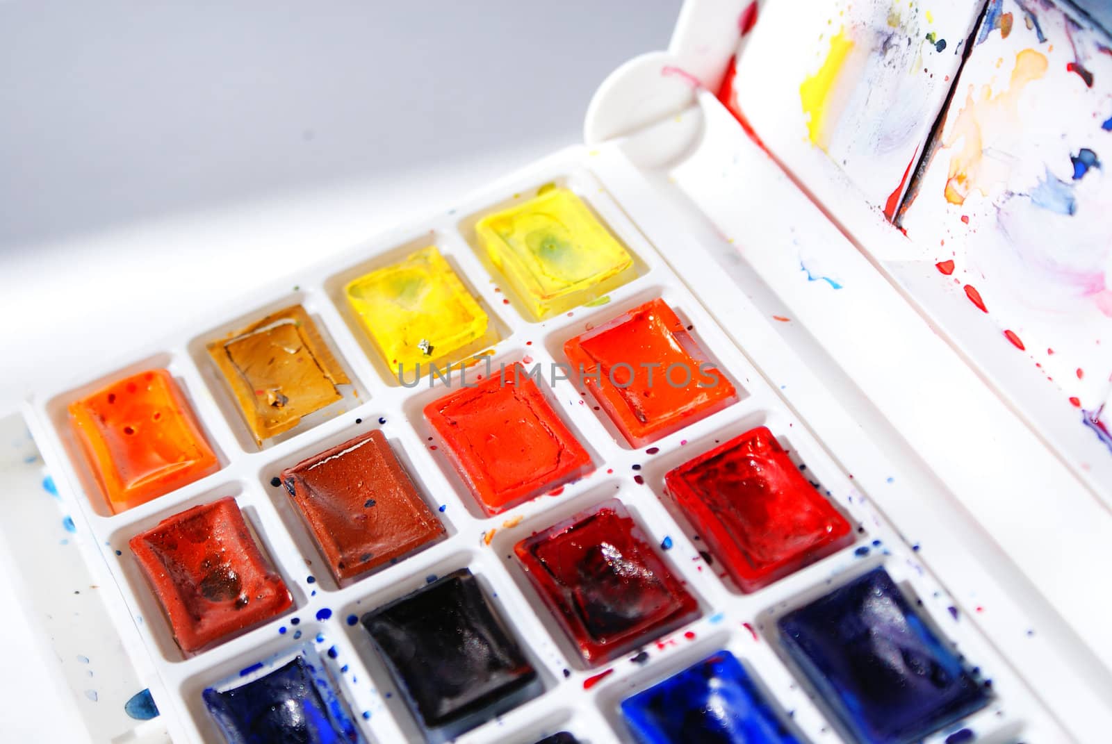 closeup of artistic watercolors and palette
