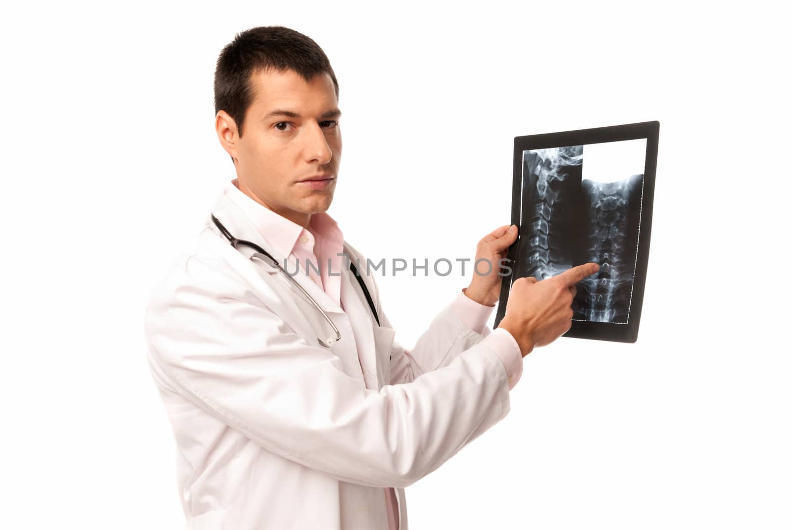 Doctor show x-ray with stethoscope isolated on white background by dgmata