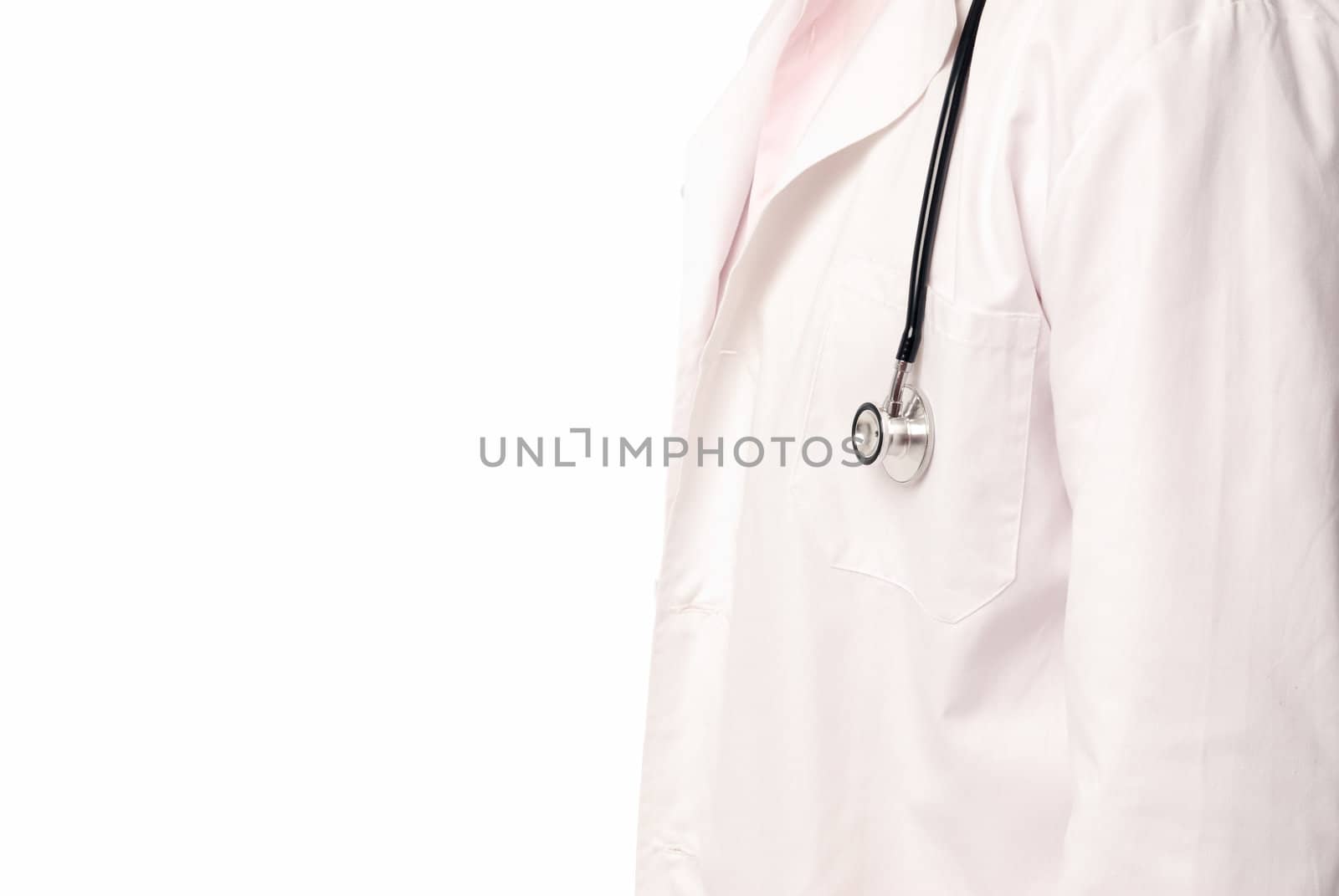 Unrecognizable doctor with stethoscope copy-space isolated on white background by dgmata