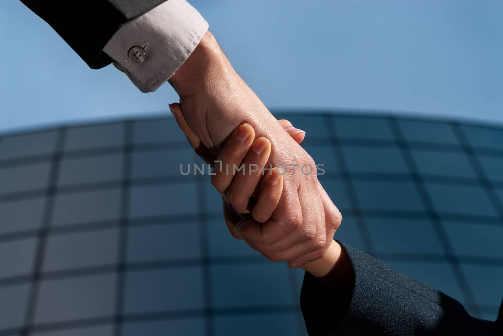 Handshake unrecognizable business man and woman on modern building background by dgmata