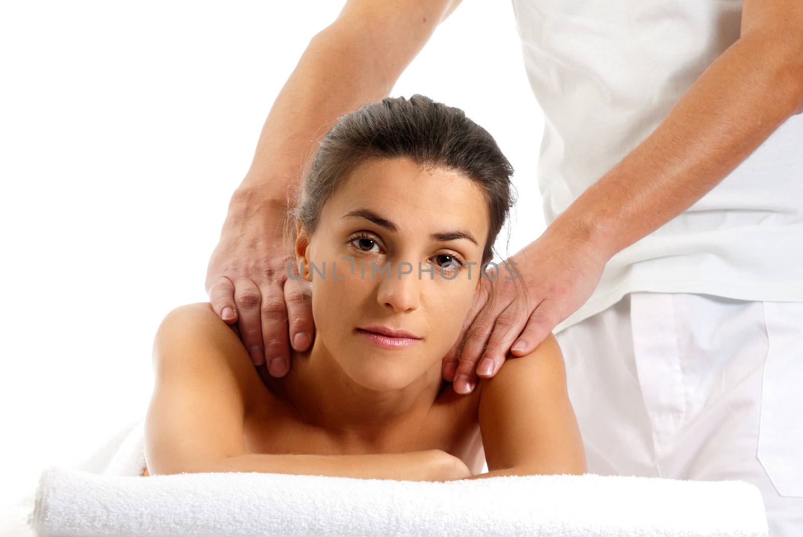 Woman receiving massage relax treatment close-up portrait from male hands by dgmata