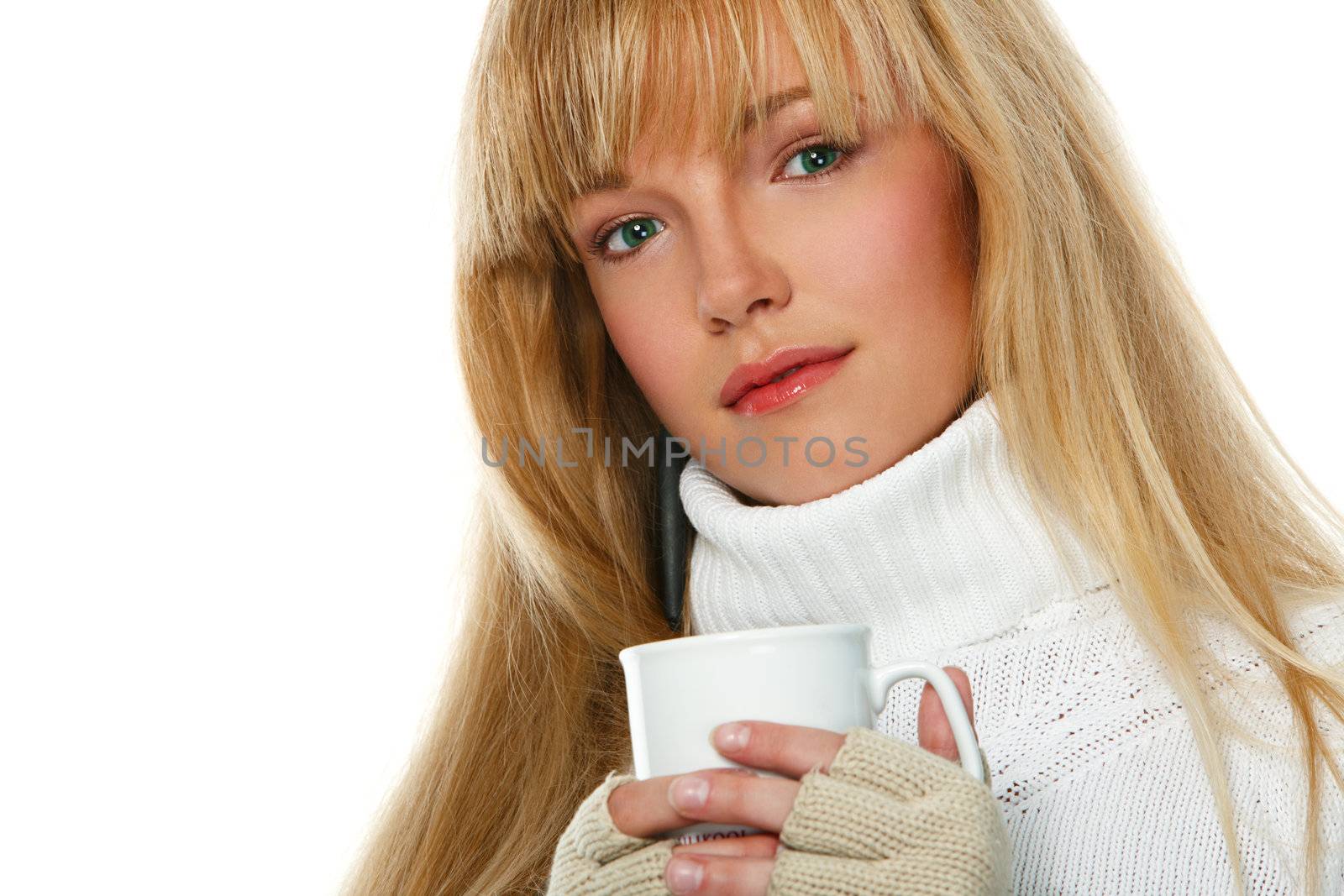 Girl with a cup of  tea on isolated background