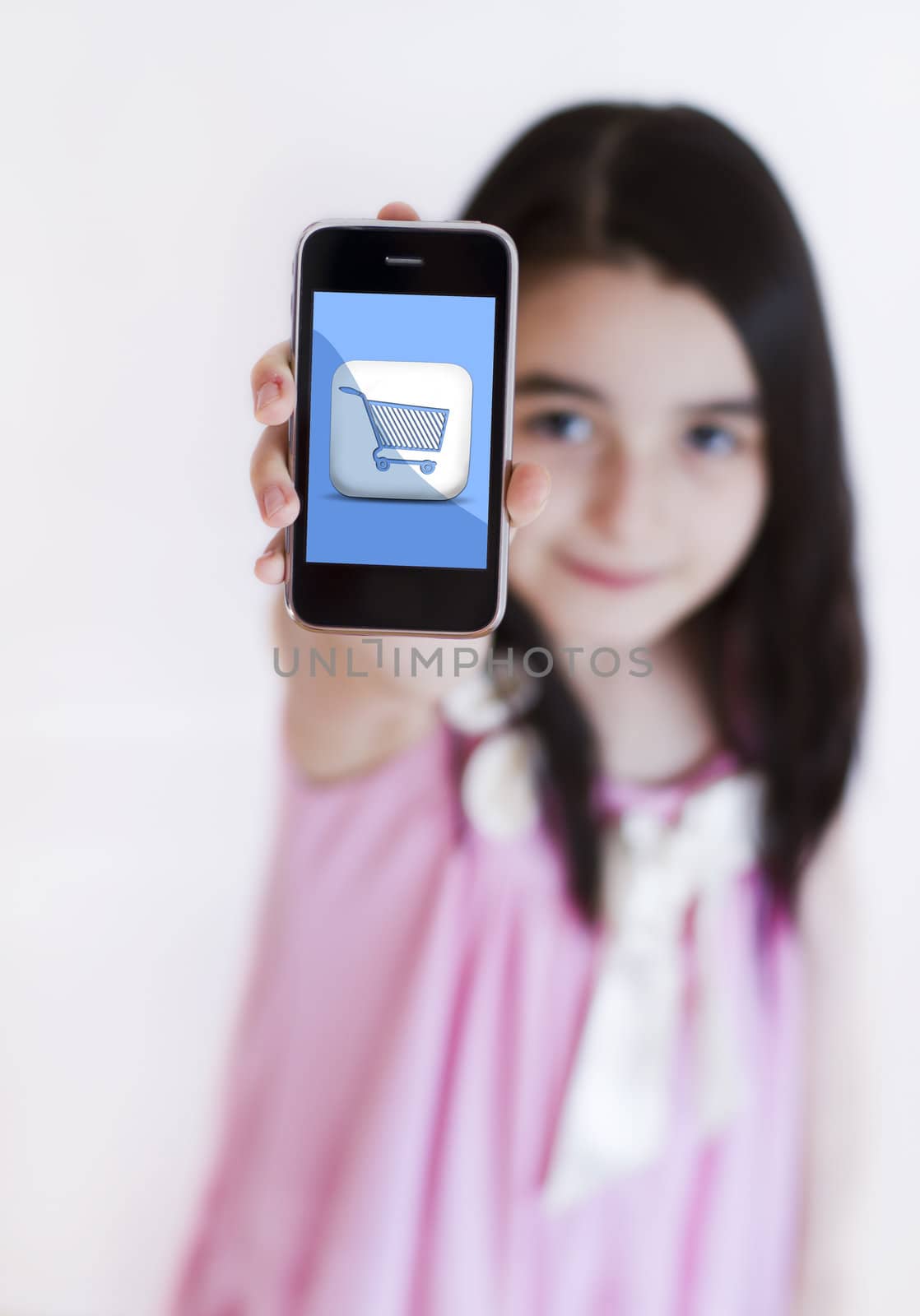 Little girl showing a modern touch blue screen phone