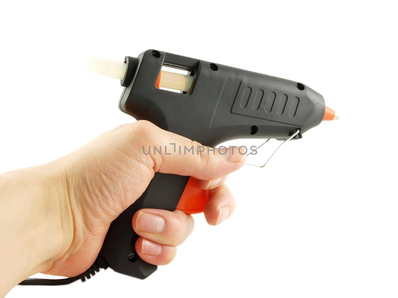 Someone pointing with a glue gun, towards white