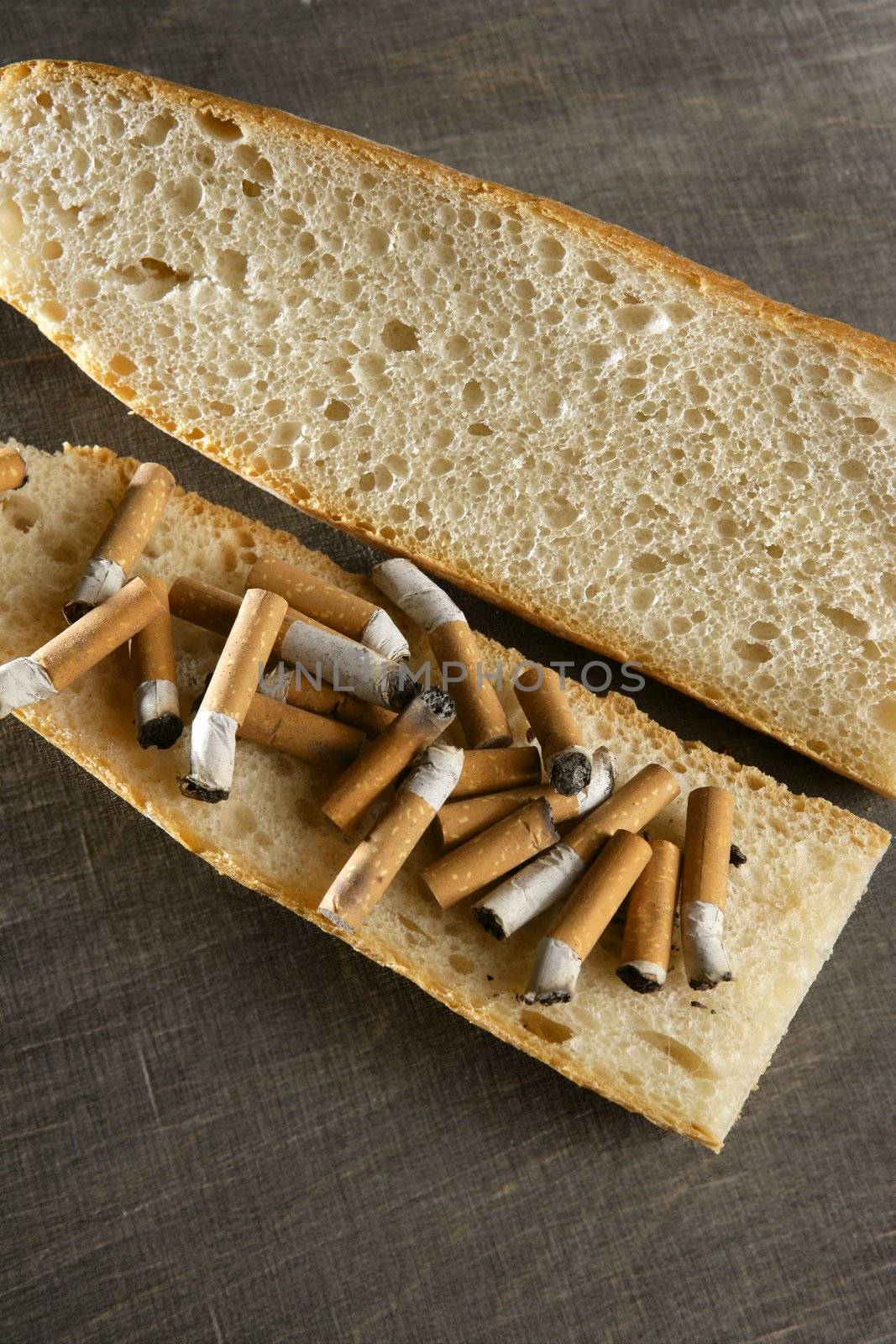 Cigarette bread sandwich menu, tobacco addiction metaphor