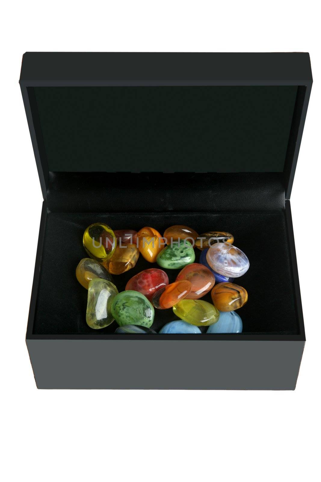 colorful glass stones in a black box by lunamarina