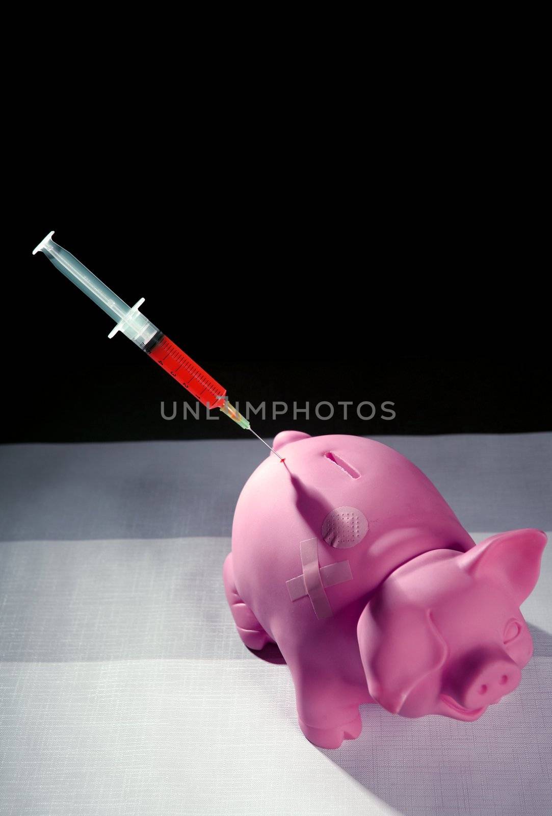 Piggy bank with capital injection, crisis metaphor, govern solution