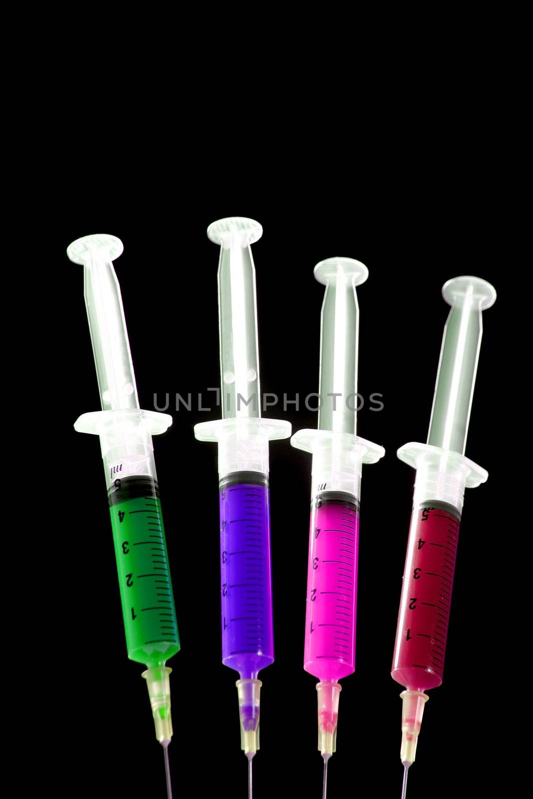 colorful syringes set, health, medicine, over black by lunamarina