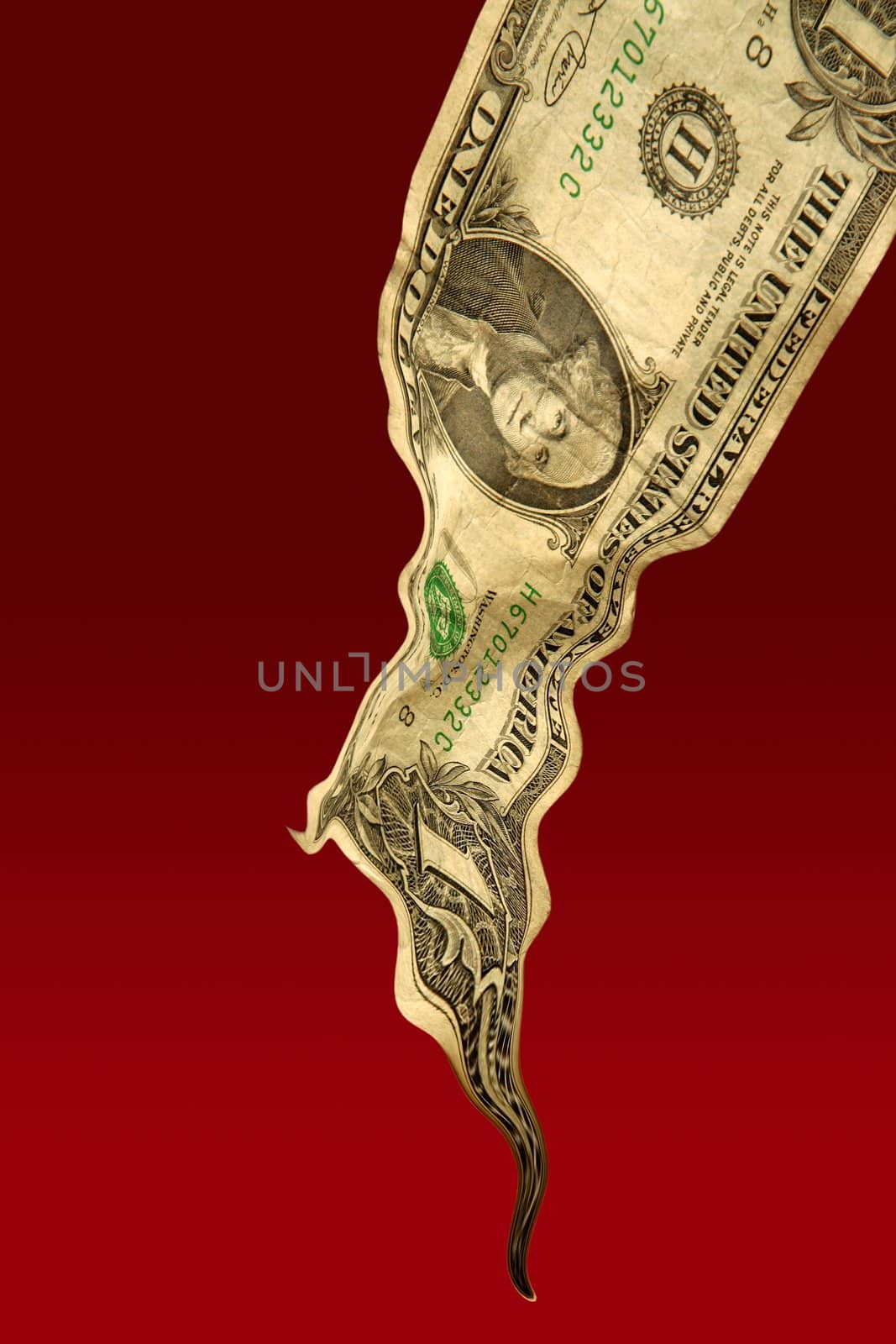 One liquid dollar note falling on red background, financial crisis metaphor