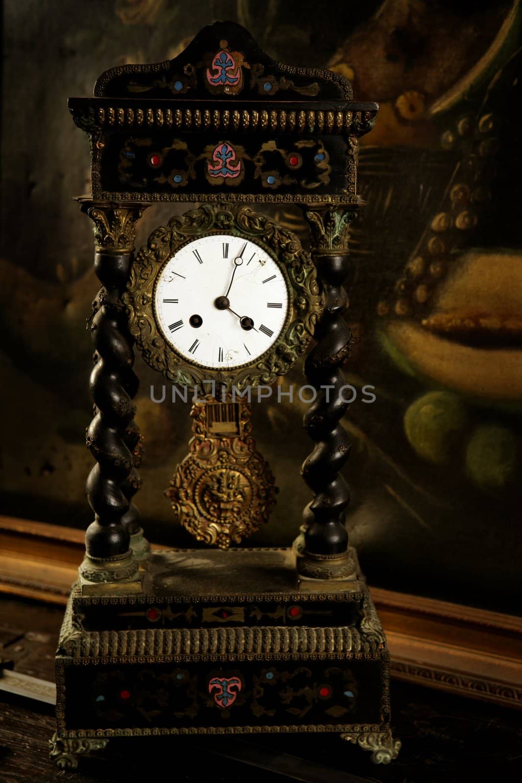 Vintage, antique old clock, oil canvas background