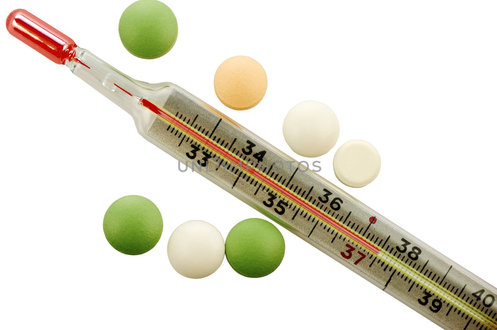 thermometer and pills as pharmaceutical background