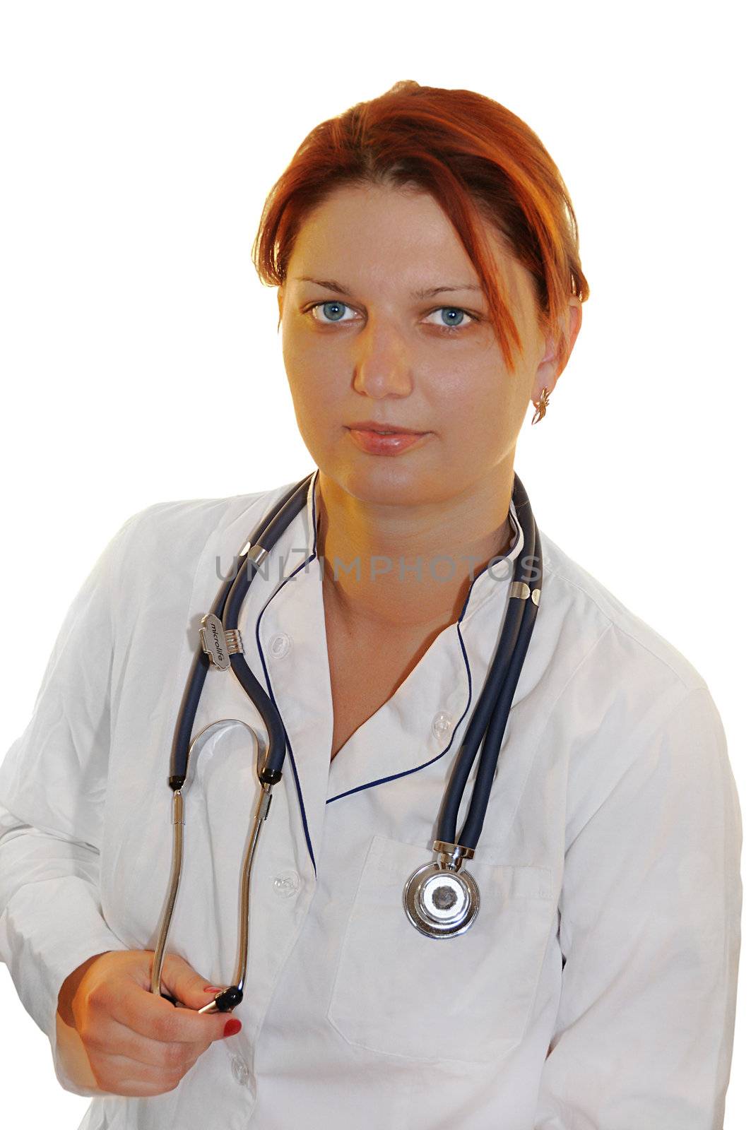 doctor (woman) with phonendoscope on a white background