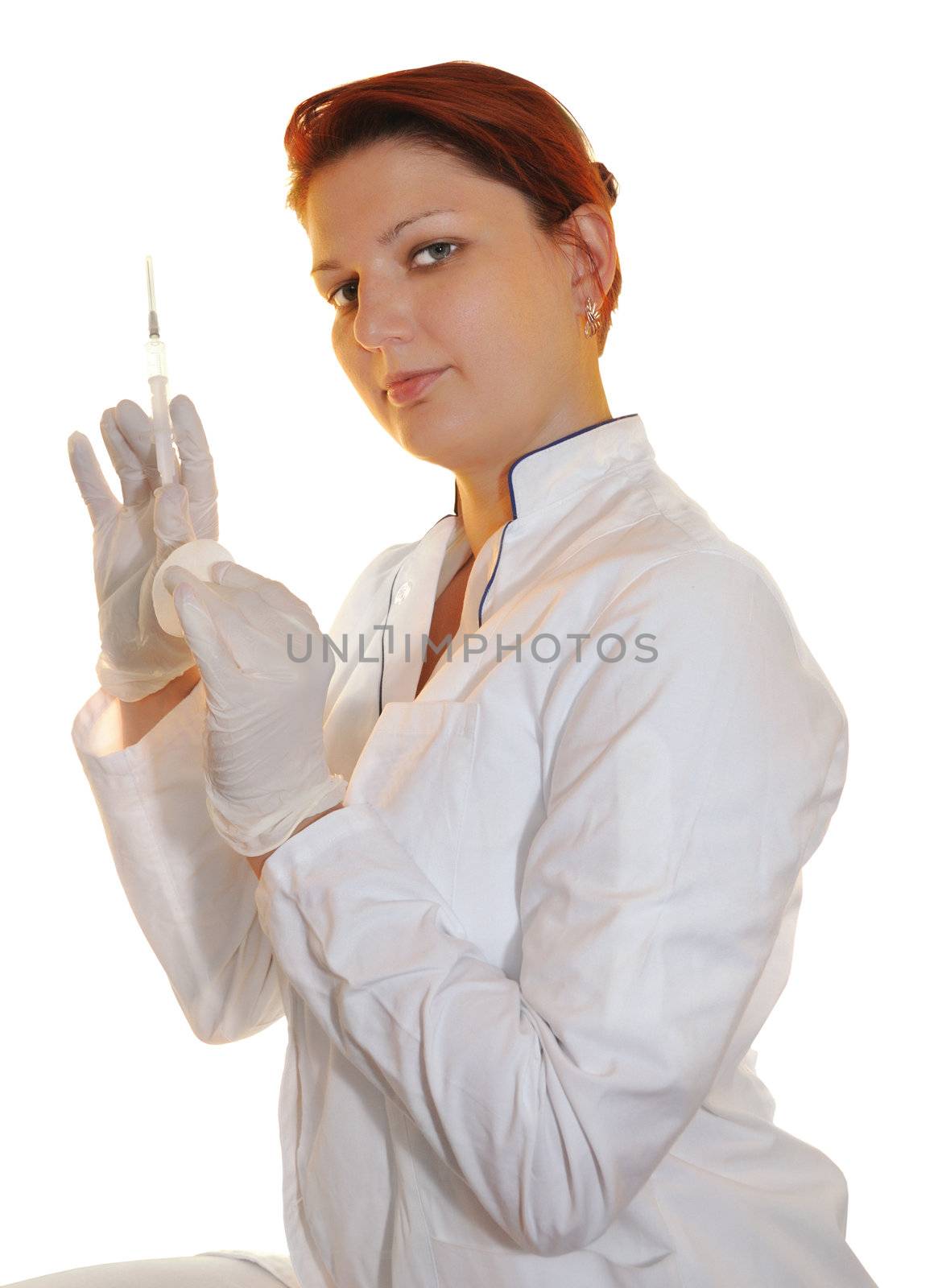 doctor (woman) with gloves and syringe on a white background