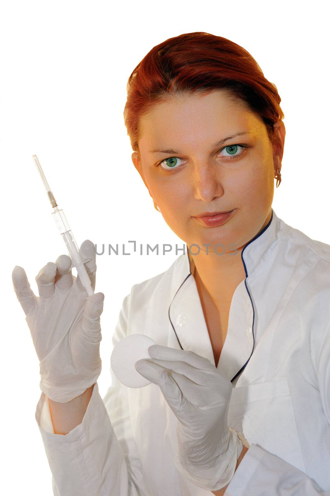 doctor  with gloves and syringe by Sergieiev