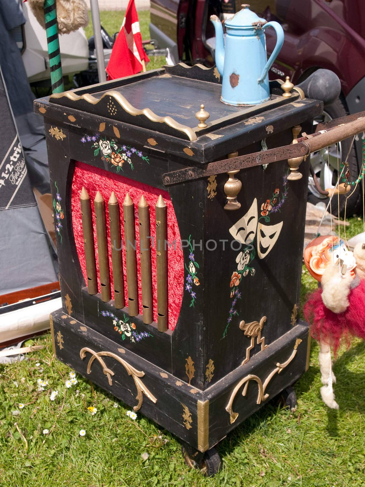 Beautiful vintage street organ box barrel in a flea market