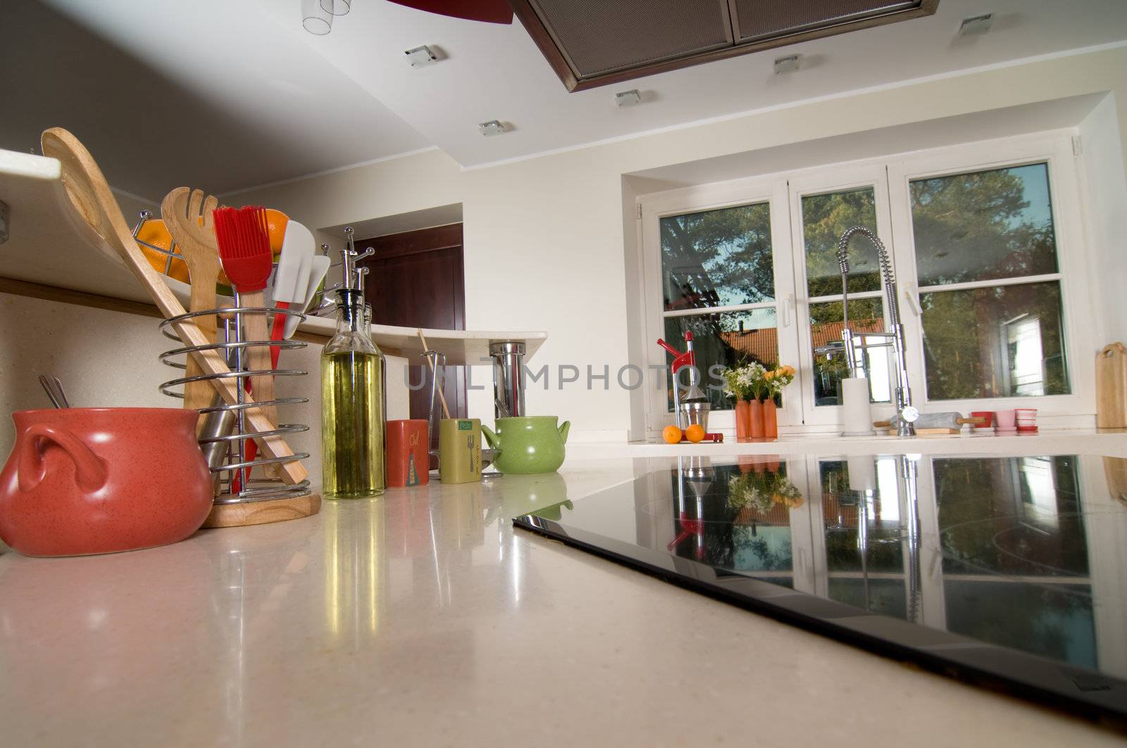 View on the kitchen tools, tabletop and cooker