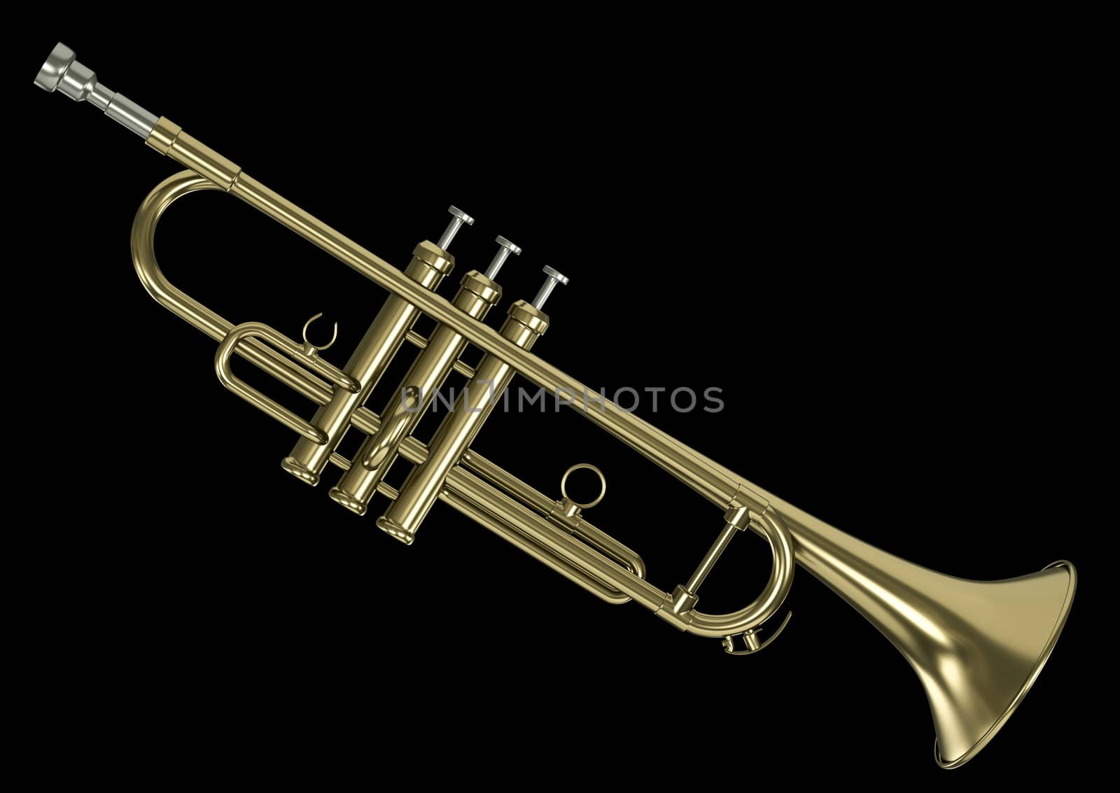 Trumpet against a black background. 3D rendered image.