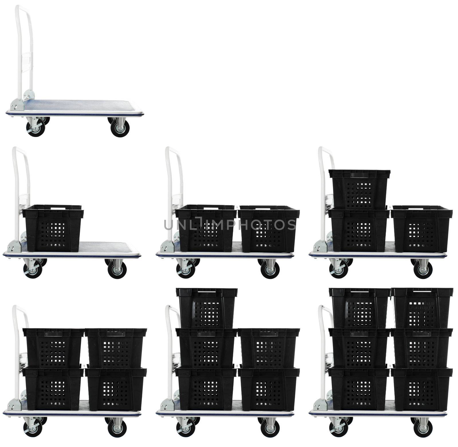 Warehouse transport cart with black empty containers isolated over white background
