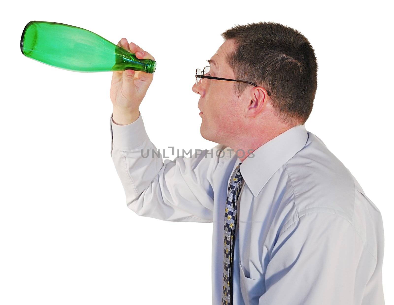 portrait of man in glasses with a bottle on white background