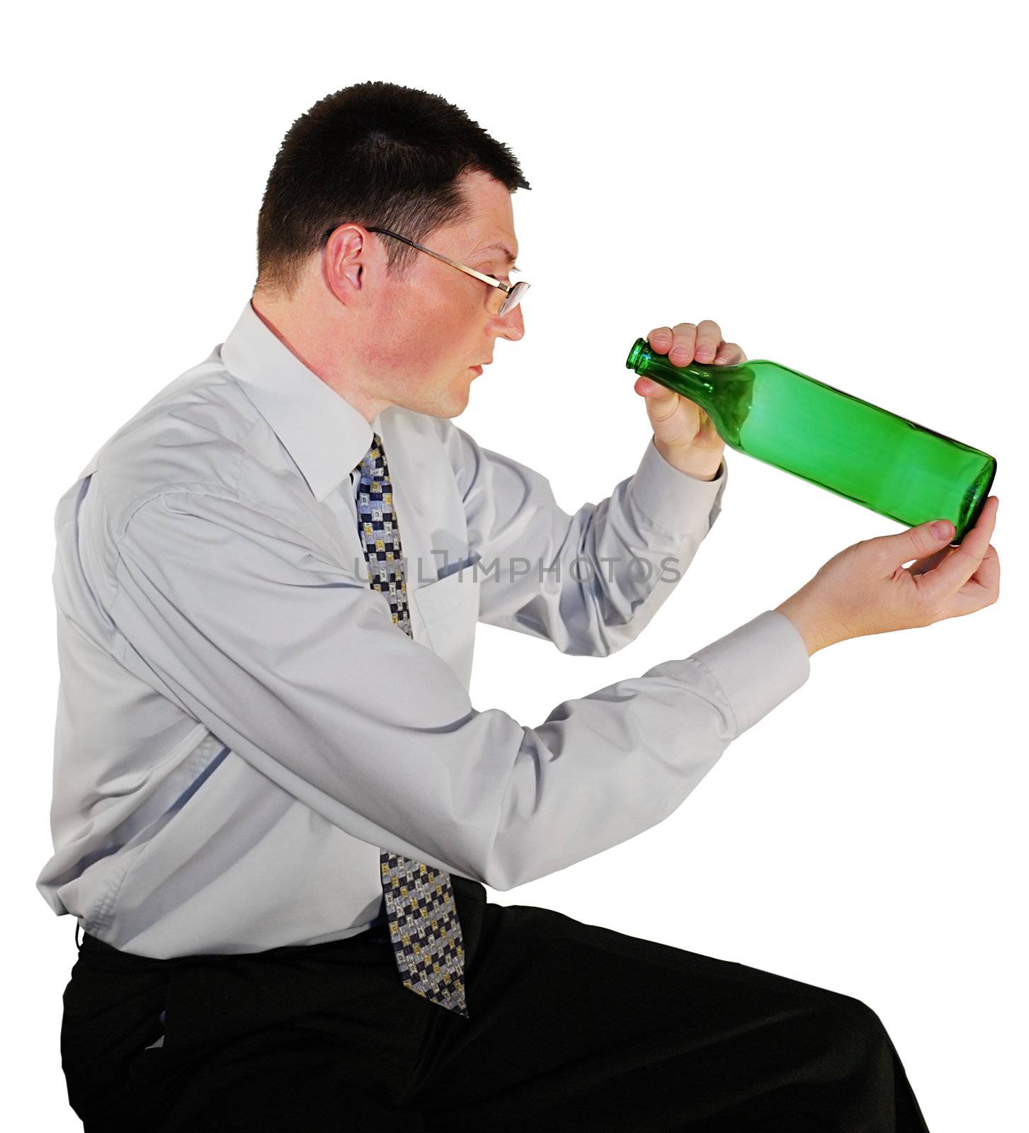 portrait of man in glasses with a bottle on white background