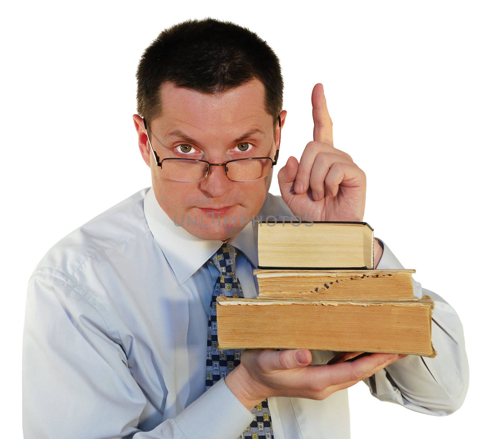  man with a age-old books, isolated on a white background