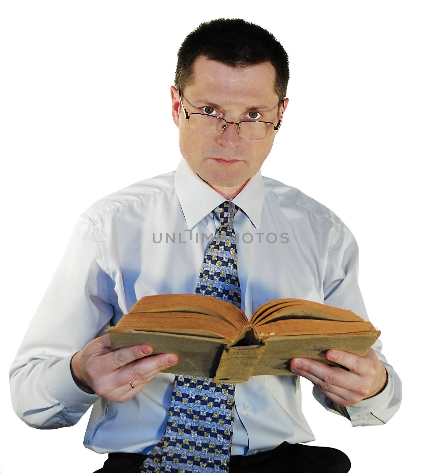  man with a age-old books, isolated on a white background