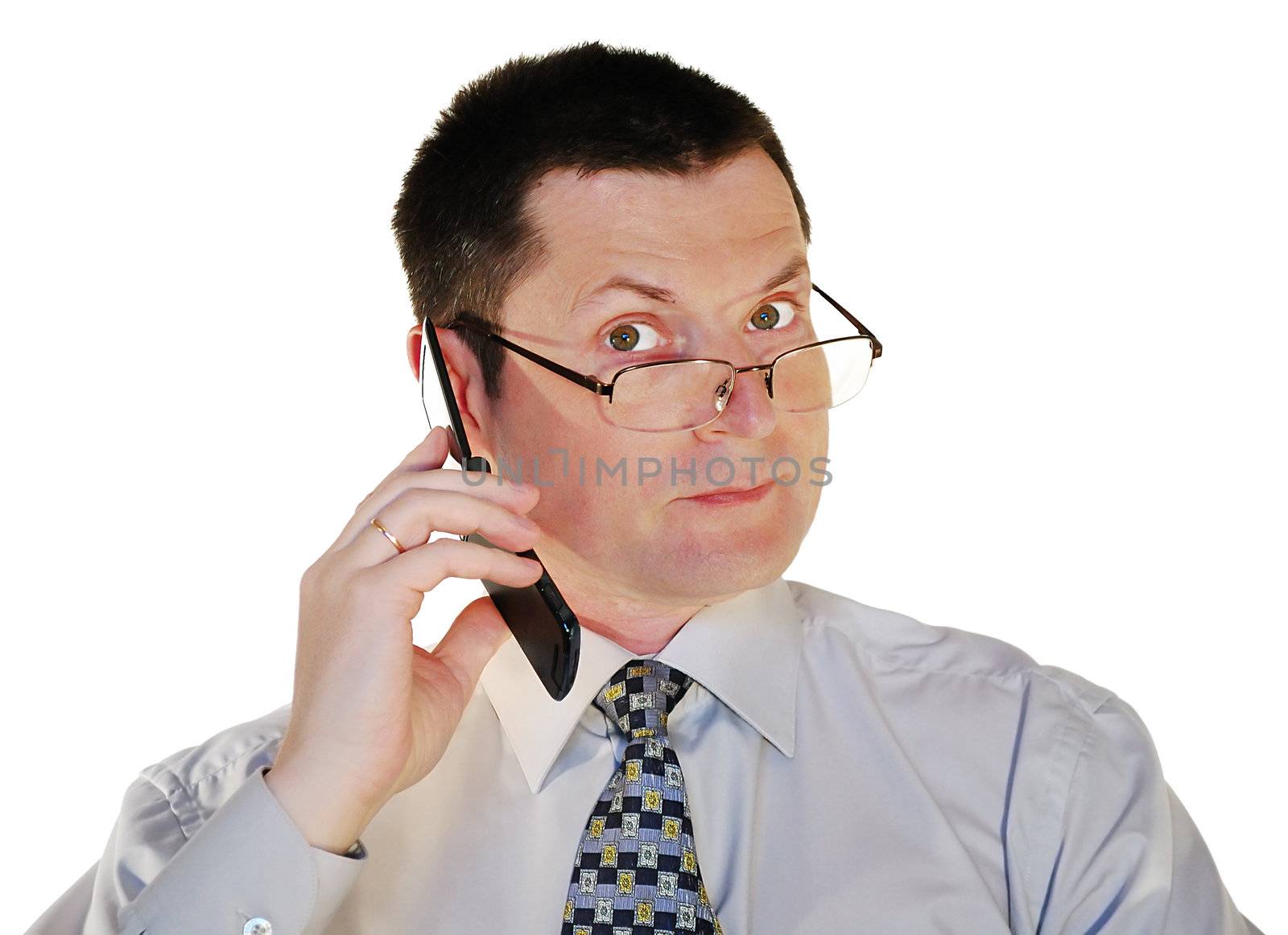 portrait of man in glasses with a cell phone