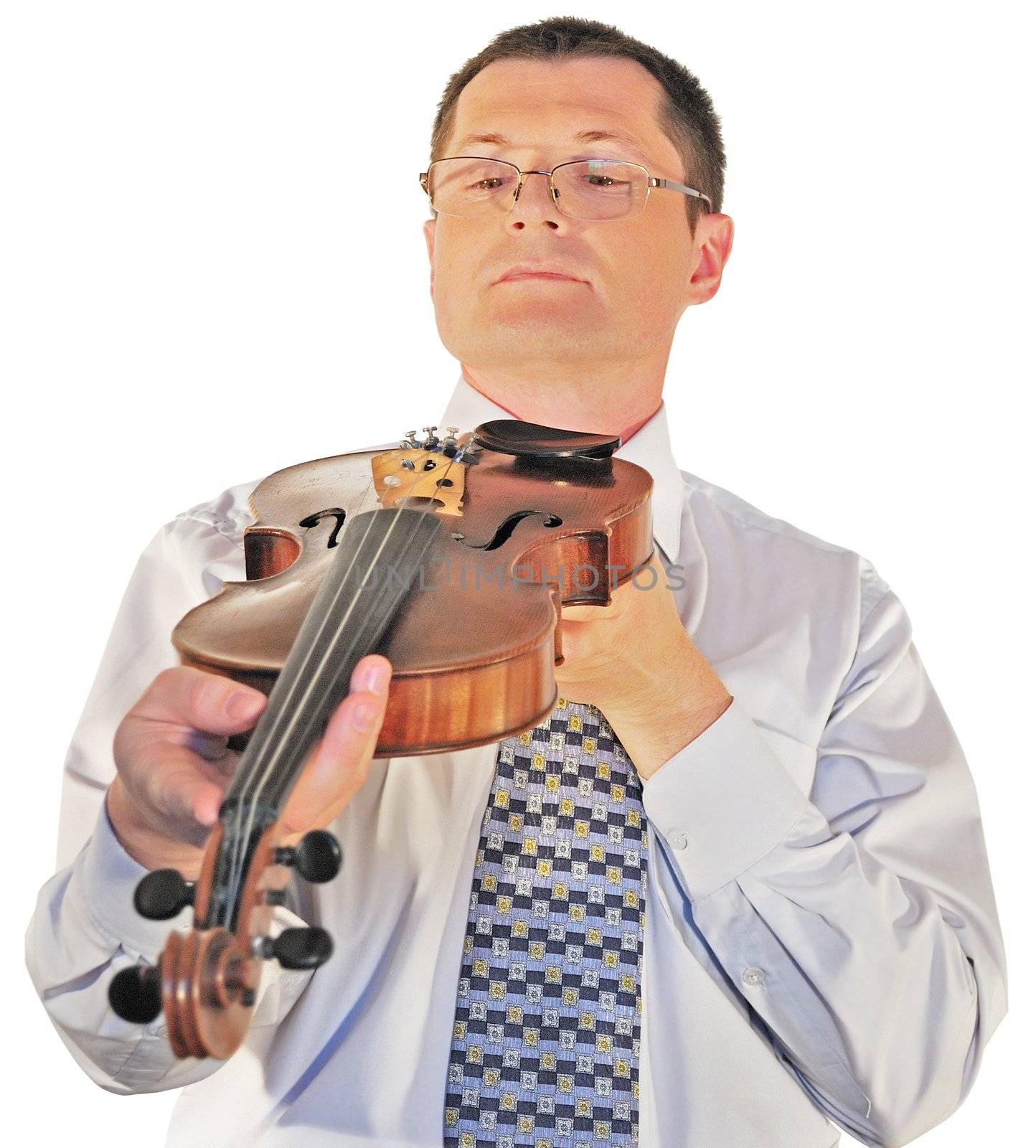  man with a age-old violin, isolated on a white background