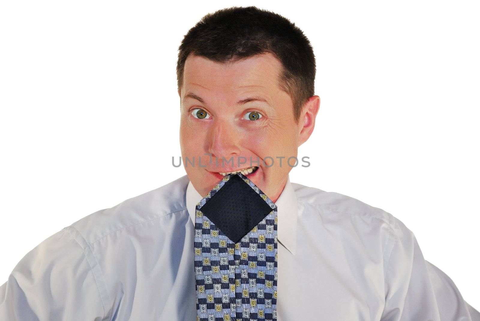 portrait of man  bites the neck tie