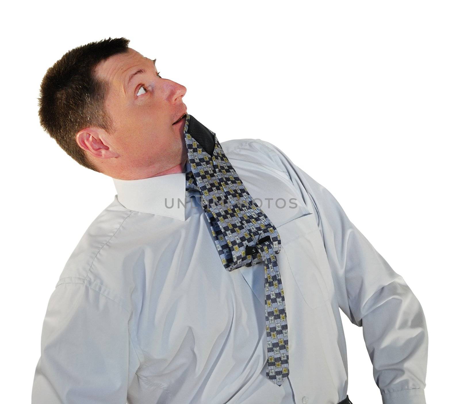 portrait of man  bites the neck tie