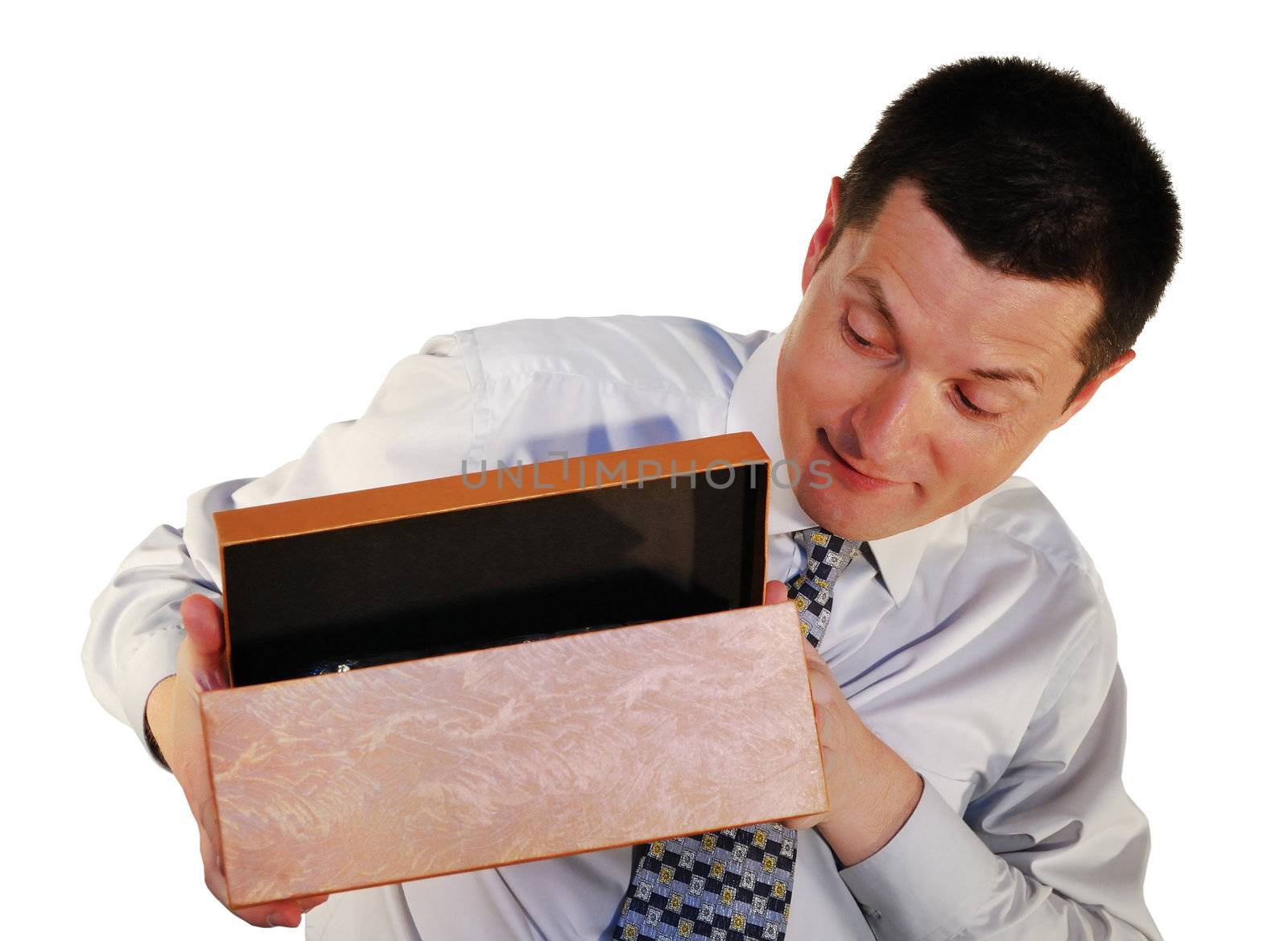 man stretches out a hand for a simple box