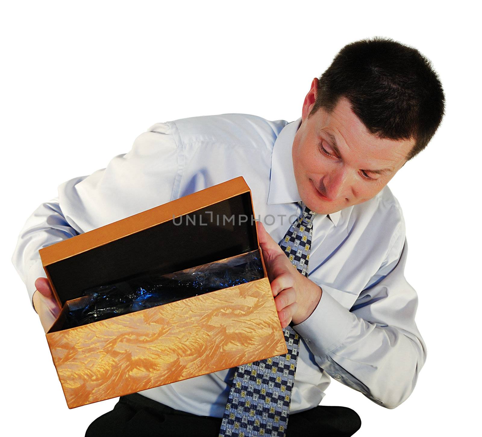 man stretches out a hand for a simple box