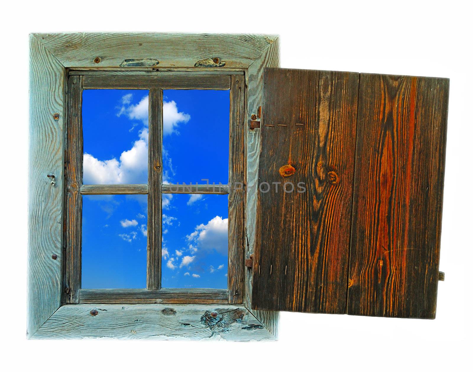 window of country house on a white background with a  sky view 