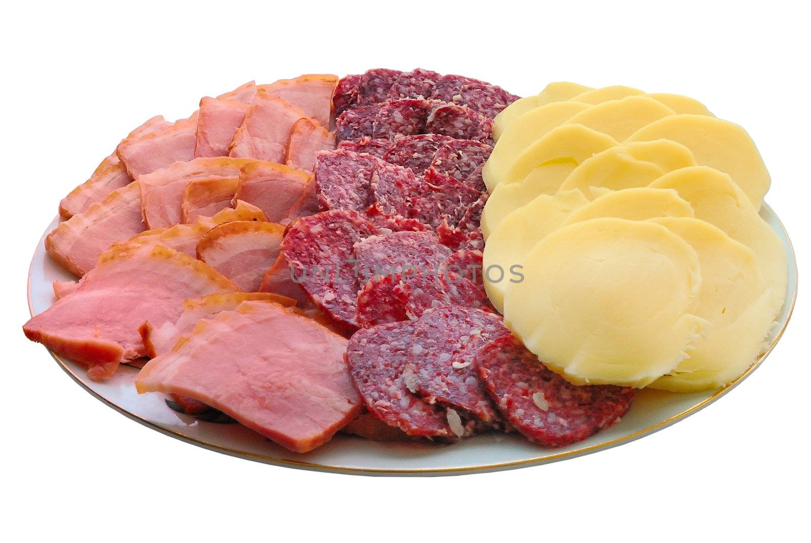 slices of ham, piece of smoked meat and cheese