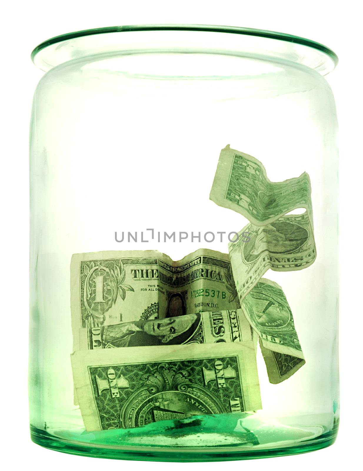 money box in form transparent glass jar