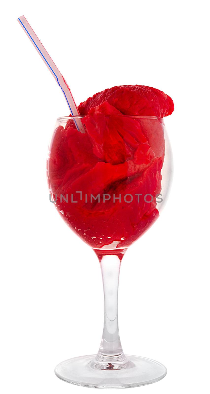 Cocktail: wineglass with the slices of veal, pieces of blood meat