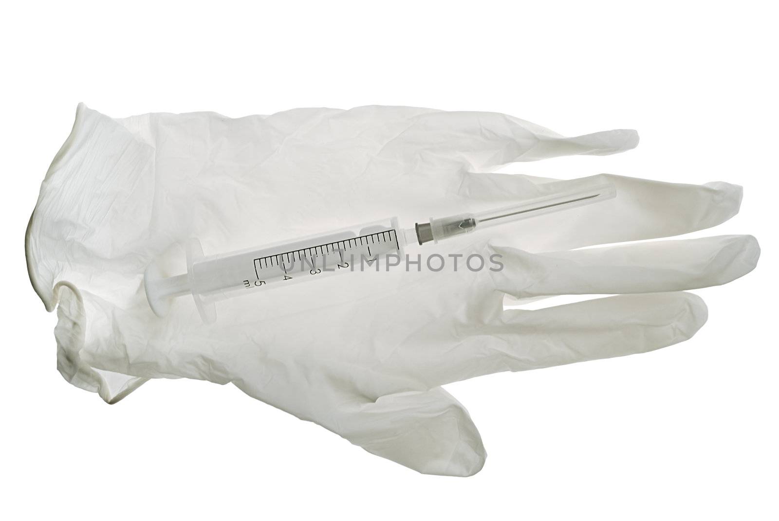 glove and syringe on a white background