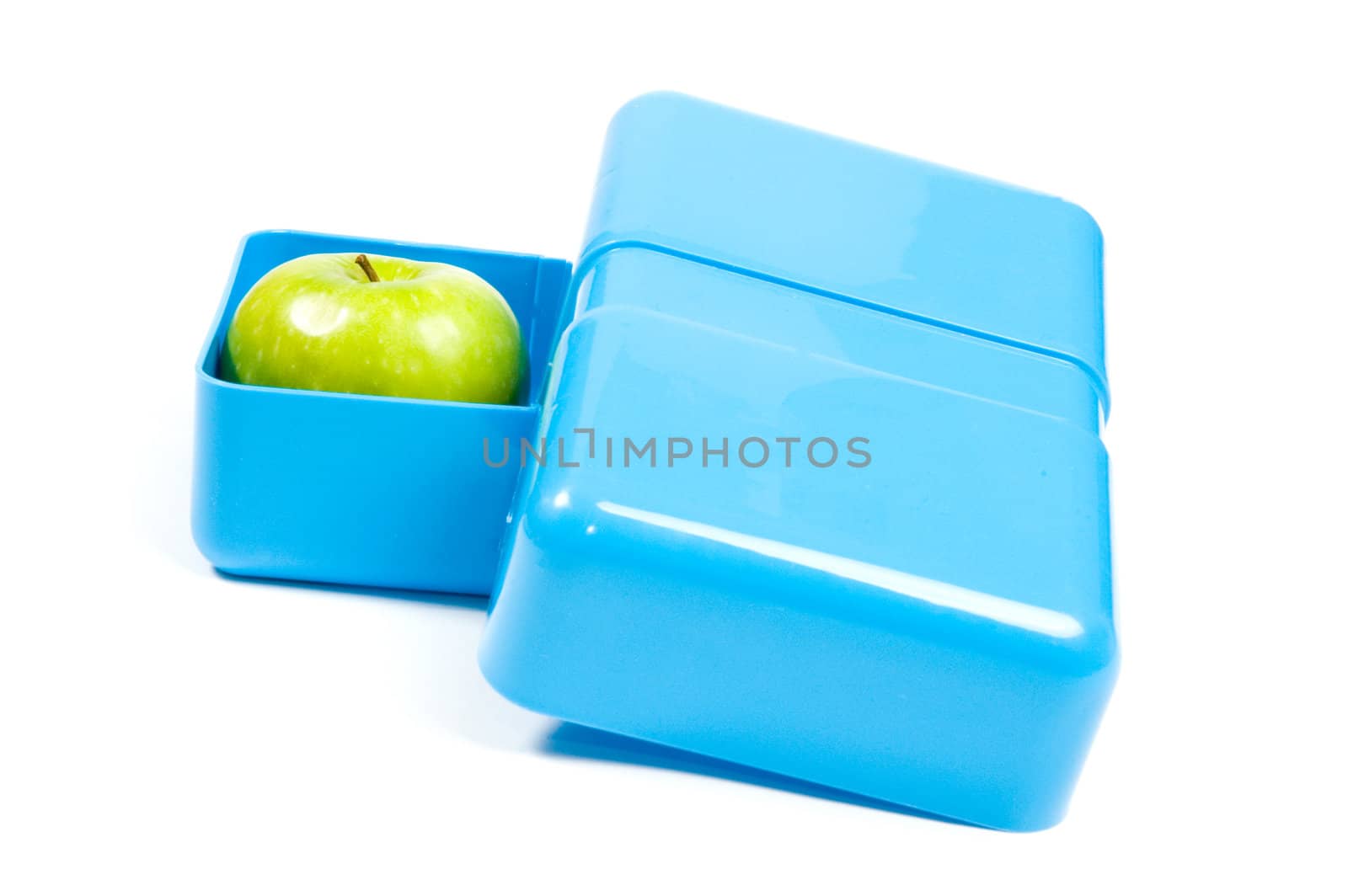 blue lunchbox with a green apple by ladyminnie