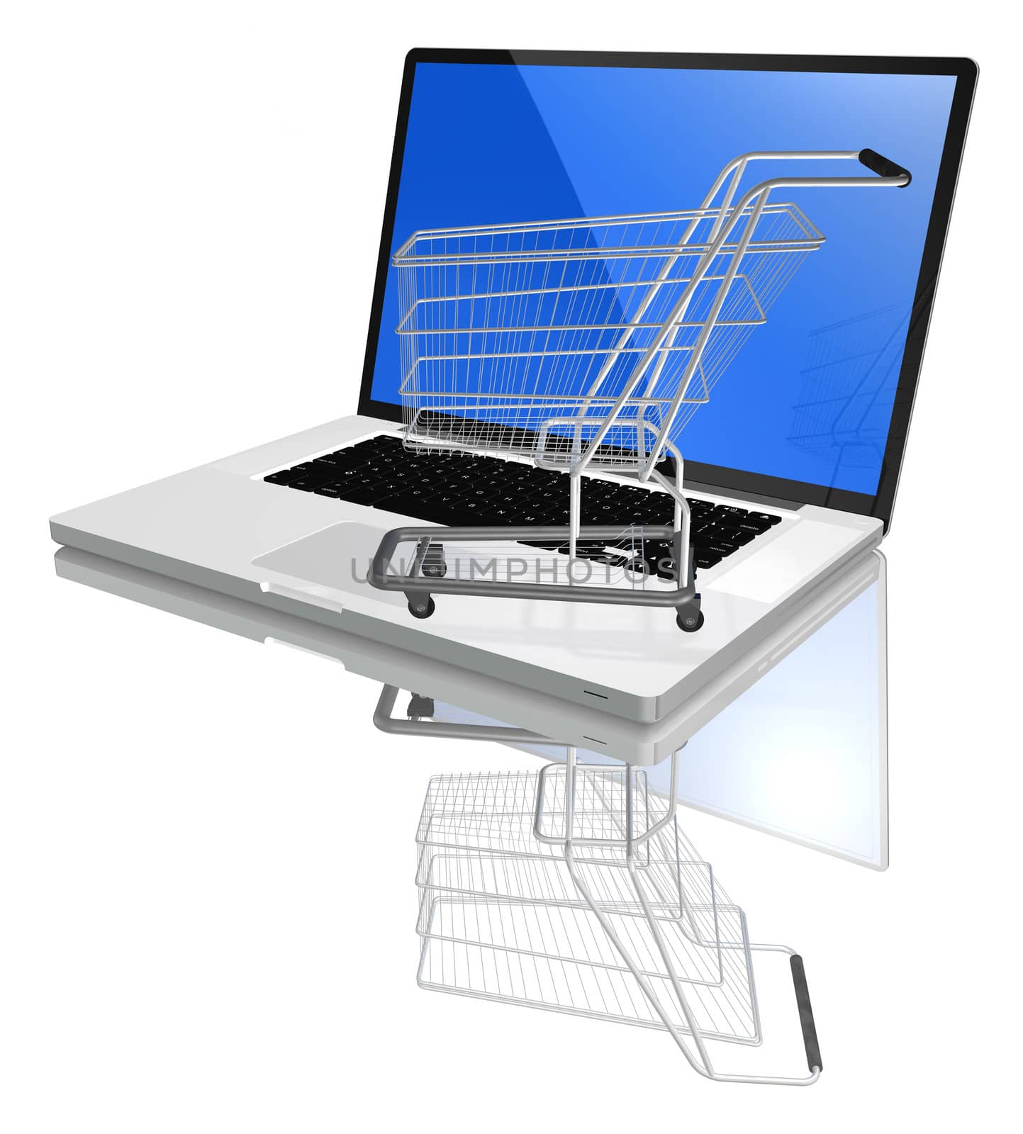 Shopping-cart over a white laptop isolated on white background with reflection