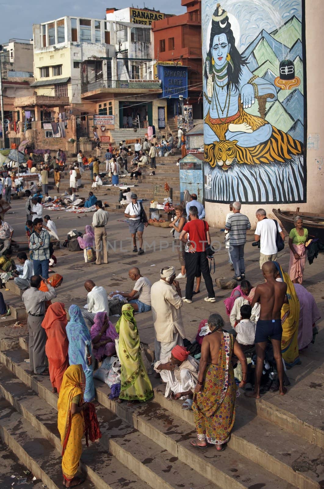 Crowds of people worshiping on the ghats at Varanasi, India