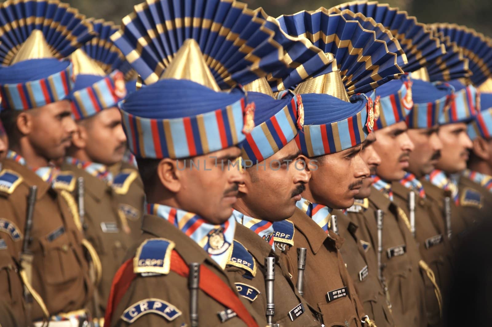 Soldiers in best dress uniform marching down the RajPath in preparation for the Republic Day Parade in Delhi, India