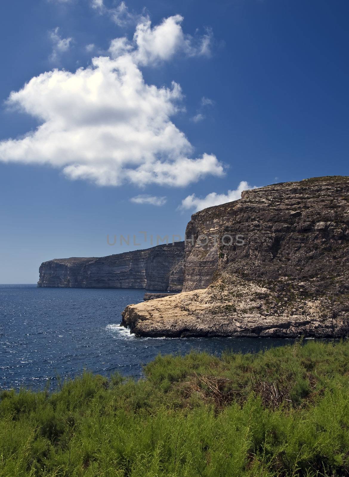 The beautiful limestone cliffs in Xlendi on the island of Gozo