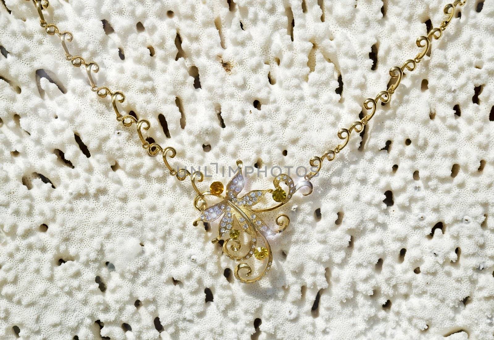 Gold necklace on a background from a sea coral