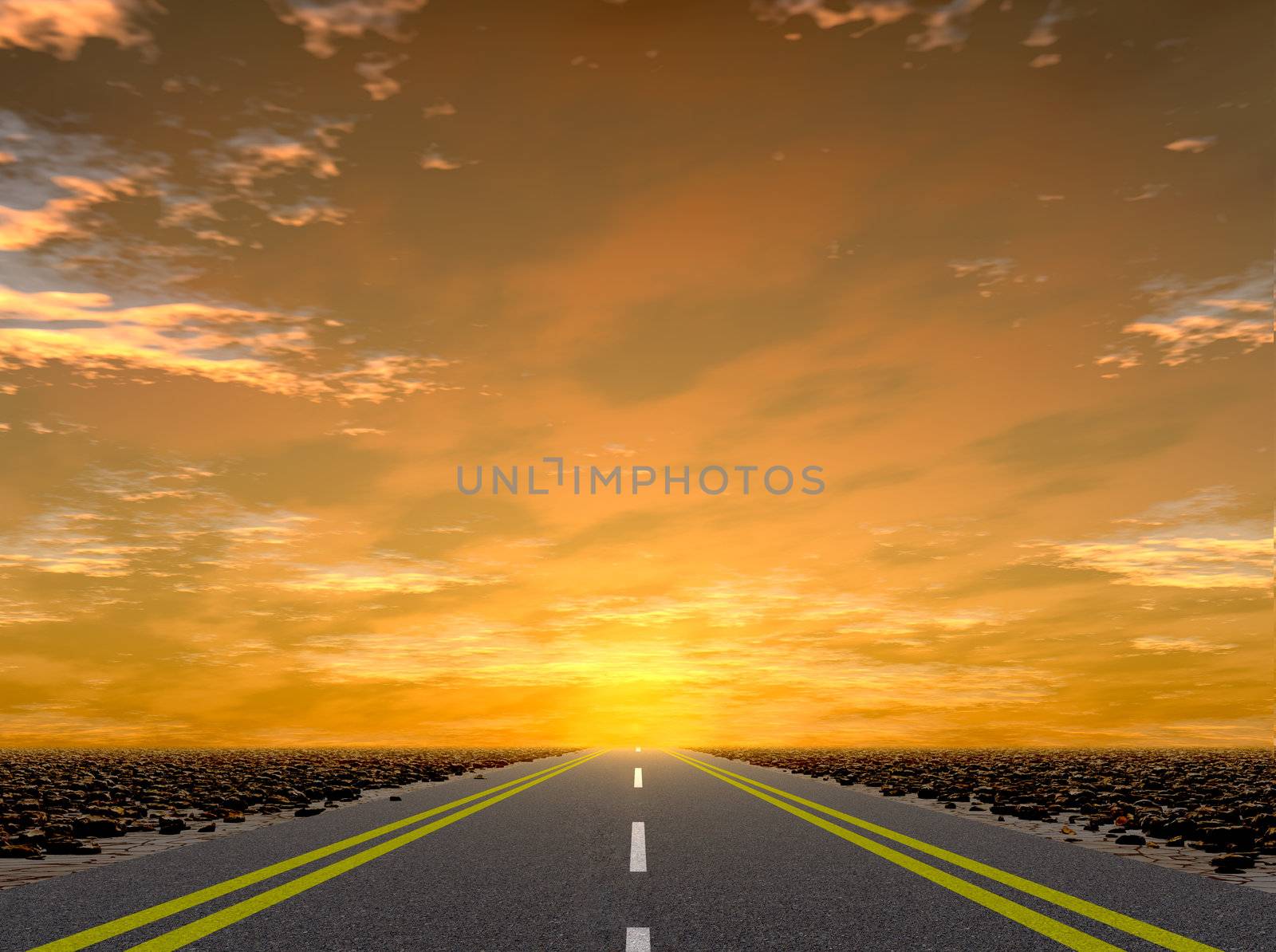 Road to a sunset. Road Asfaltnaja the leader in infinity on a background of a decline