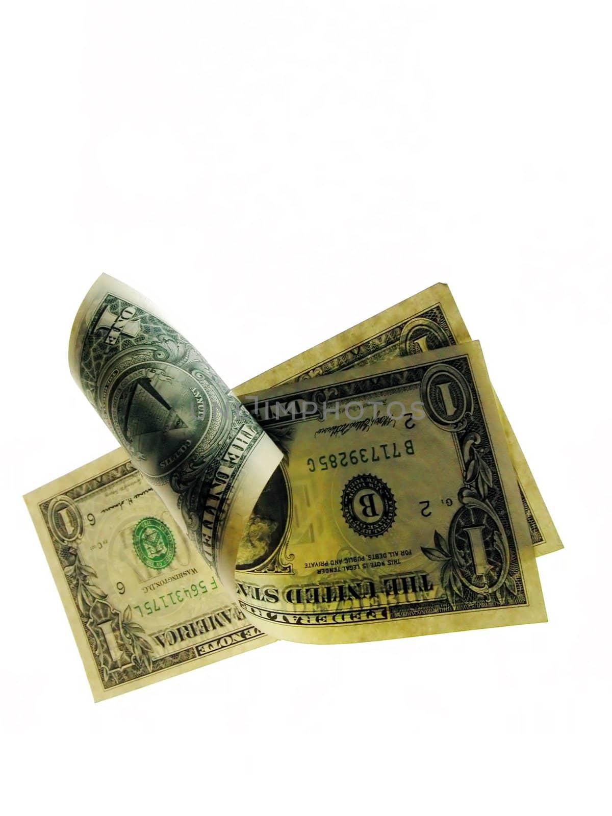 2 dollars bills in an interesting position,over white background          