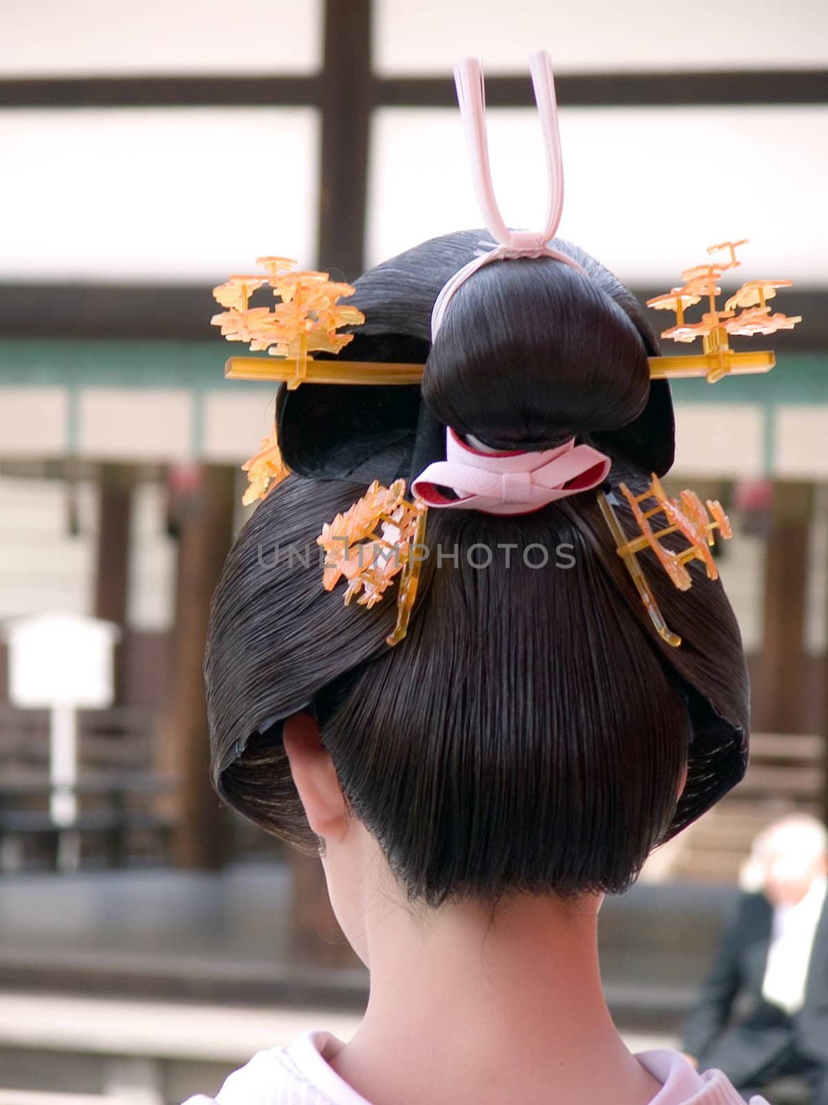 Close up of an interesting and unususal geisha hairdo