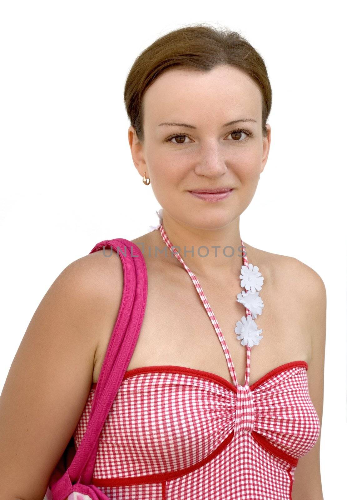 The sunburnt woman in a red sundress (it is isolated on a white background)
