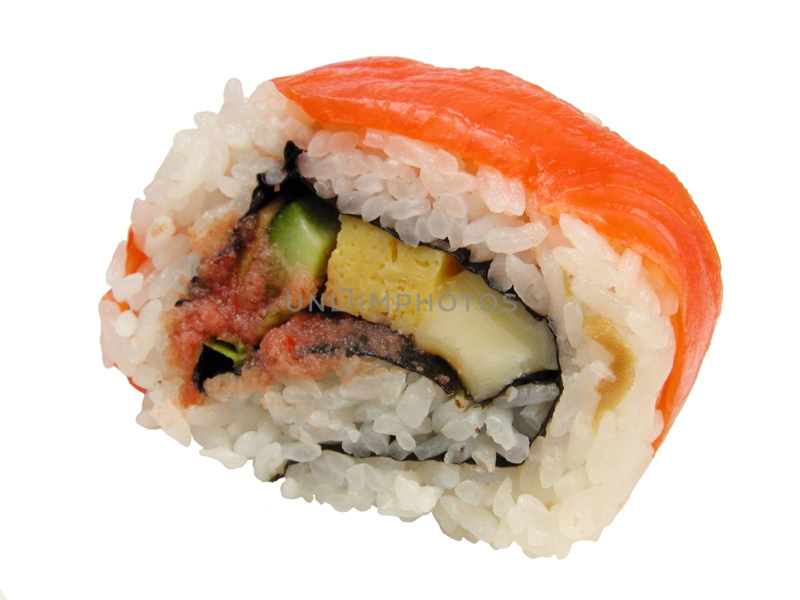 Rainbow roll sushi containing egg row cucumber,avocado,seaweed,rice and raw salmon meat.       