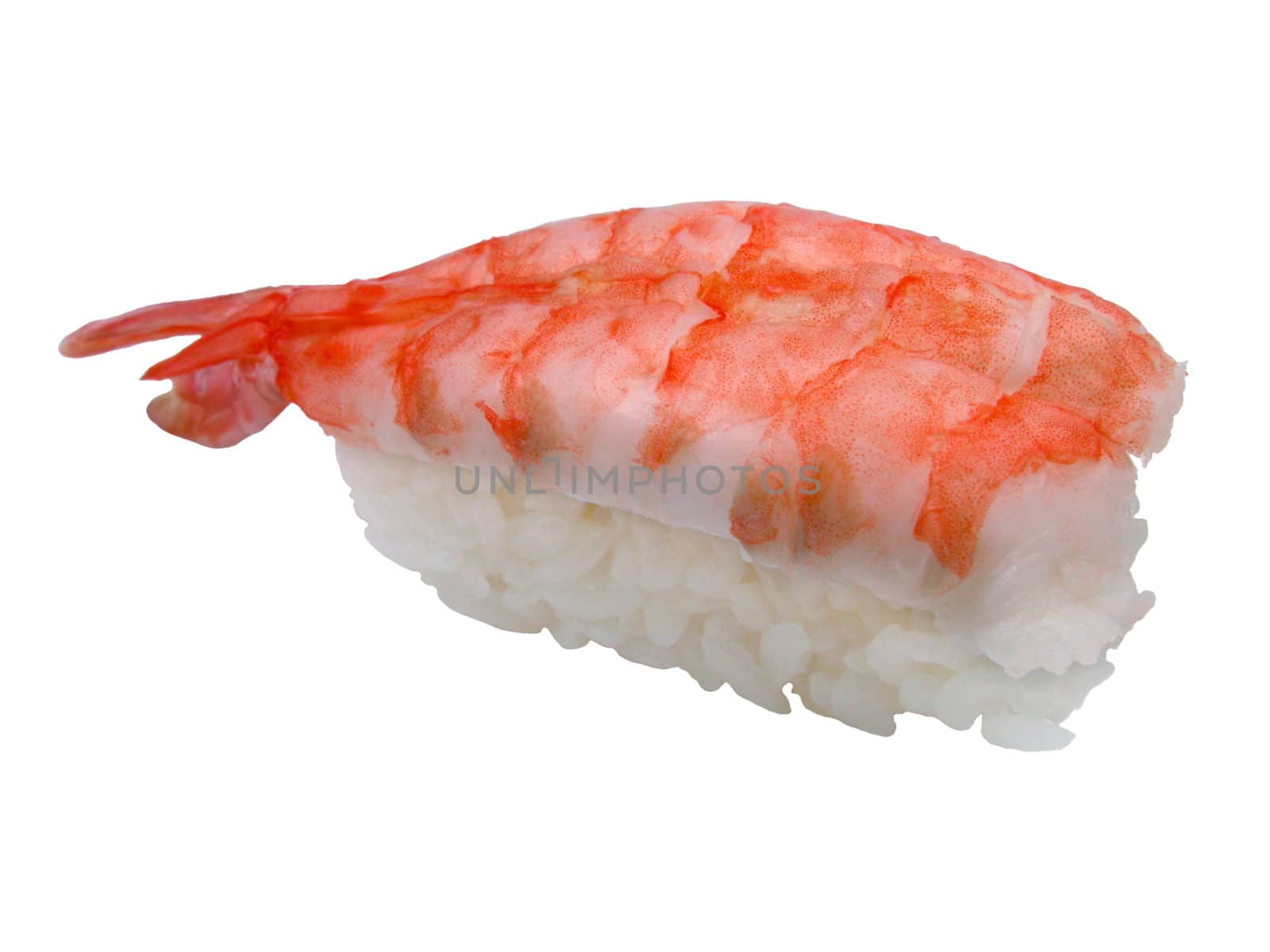 Shrimp sushi isolated against a white background.